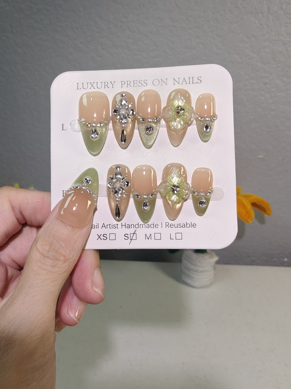 Handmade Nude & Sage Floral Crystal Press-On Nails